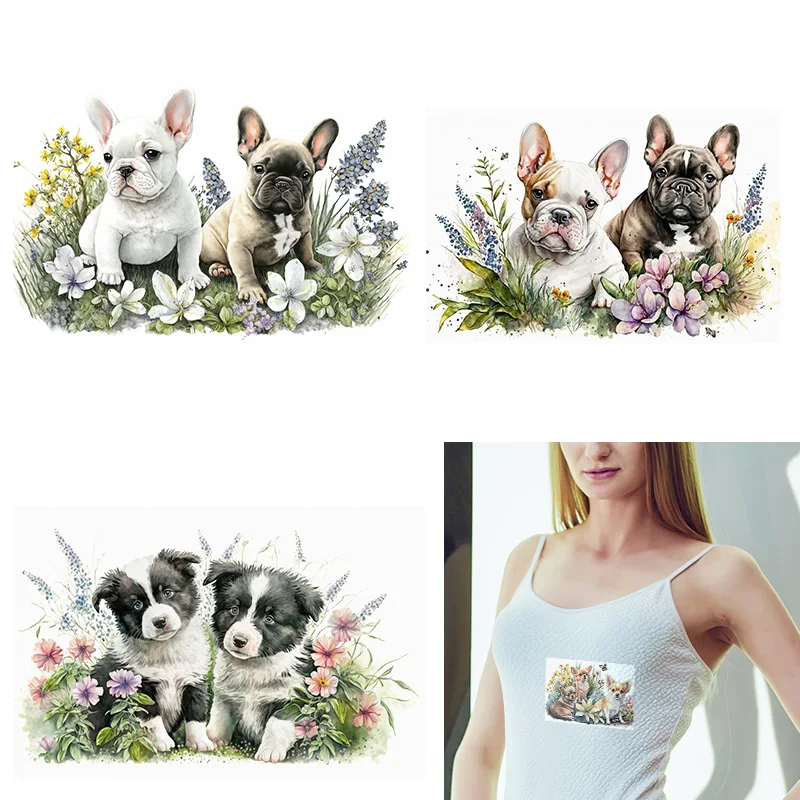 lovely Flower grassland puppy dtf Heat Transfer iron on transfer for clothing Iron On Patches For Clothing.