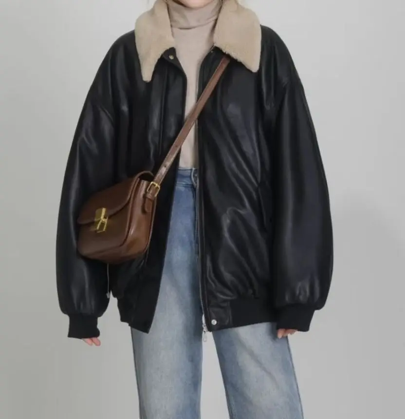 

2025 Winter New Style Loose Alpaca Fur Patched PU Leather Coat and Sweater