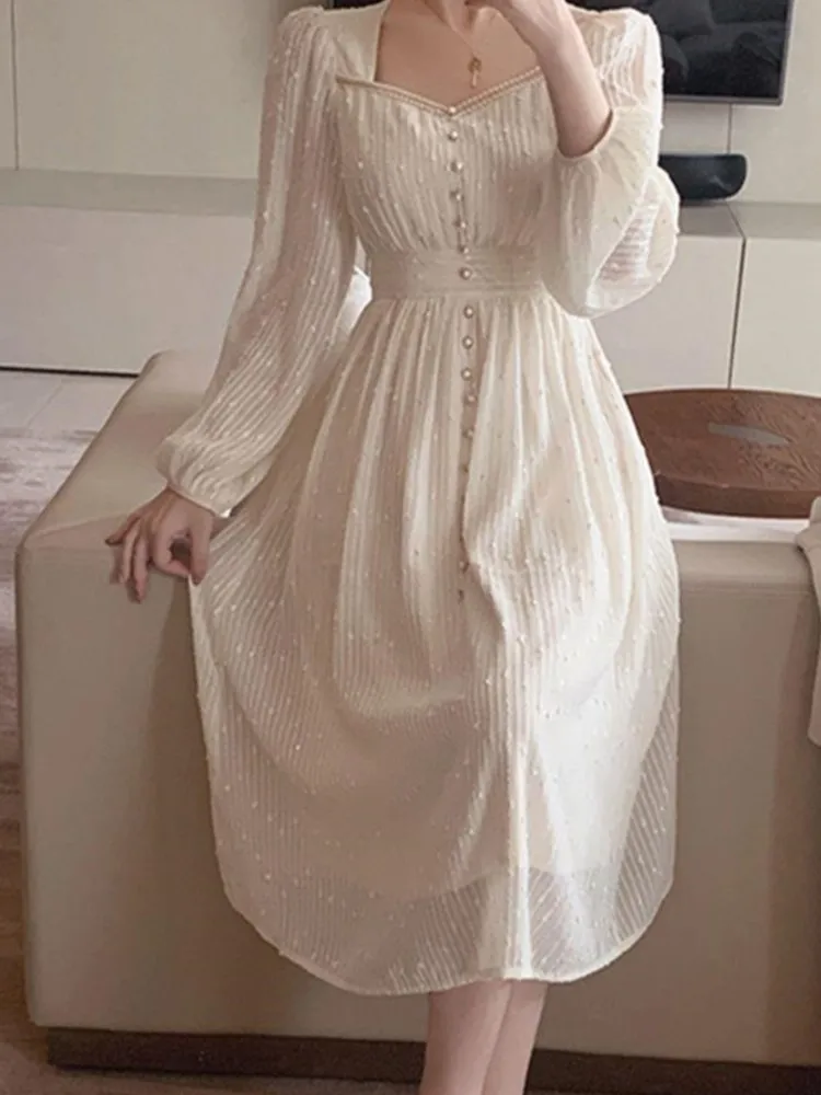 

Summer Women Fashion Elegant White Midi Dresses Vintage Princess Long Sleeve Female Party Prom A Line Casual Clothes Vestdios