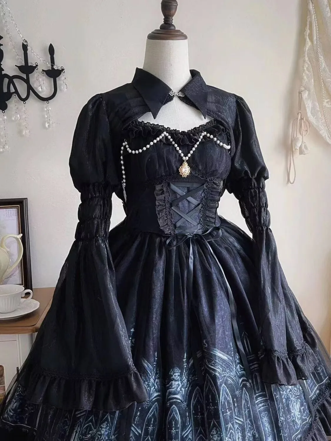 

Japanese Gothic Dress Women Victorian Dark Pattern Long Sleeve Mesh Shawl Lolita Dress Girls Harajuku Y2K Punk Tea Party Dress