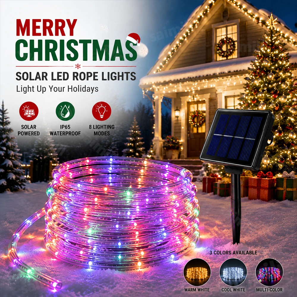 Waterproof Outdoor Solar LED Fairy Lights Tube Rope 8 Lighting Modes For Party Garden Christmas Home Decoration