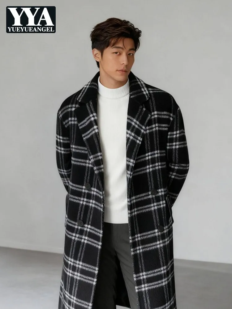 

Осень-зима мужское шерстяное пальто деловое повседневное двубортное клетчатое пальто с лацканами новая модная уличная офисная мужская верхняя одежда