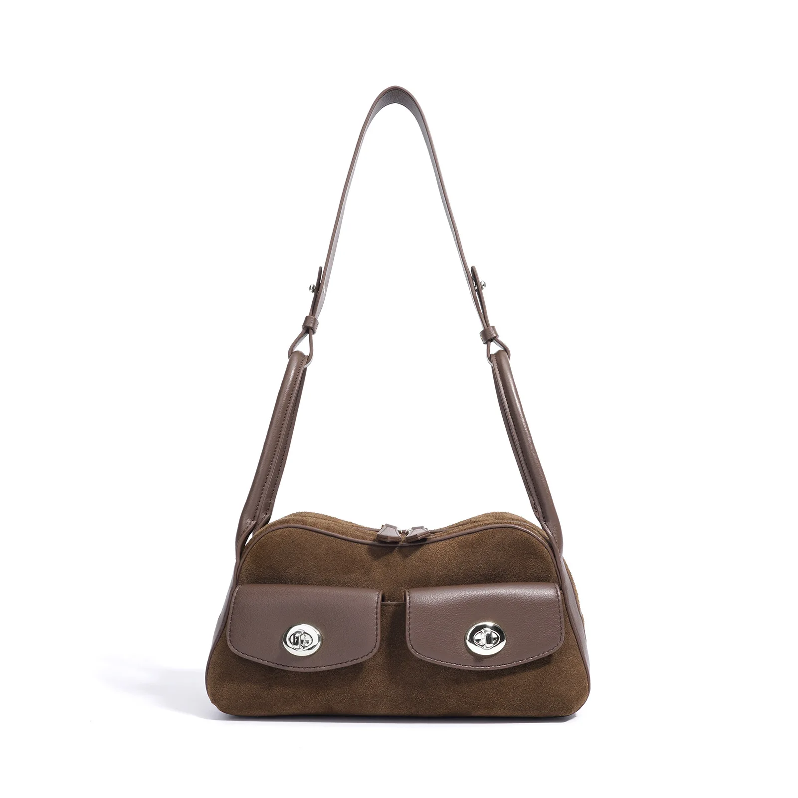 

split suede spliced cowhide women bowling bag 2025 autumn new vintage multi-pocket fashion hand-held one-shoulder crossbody bag