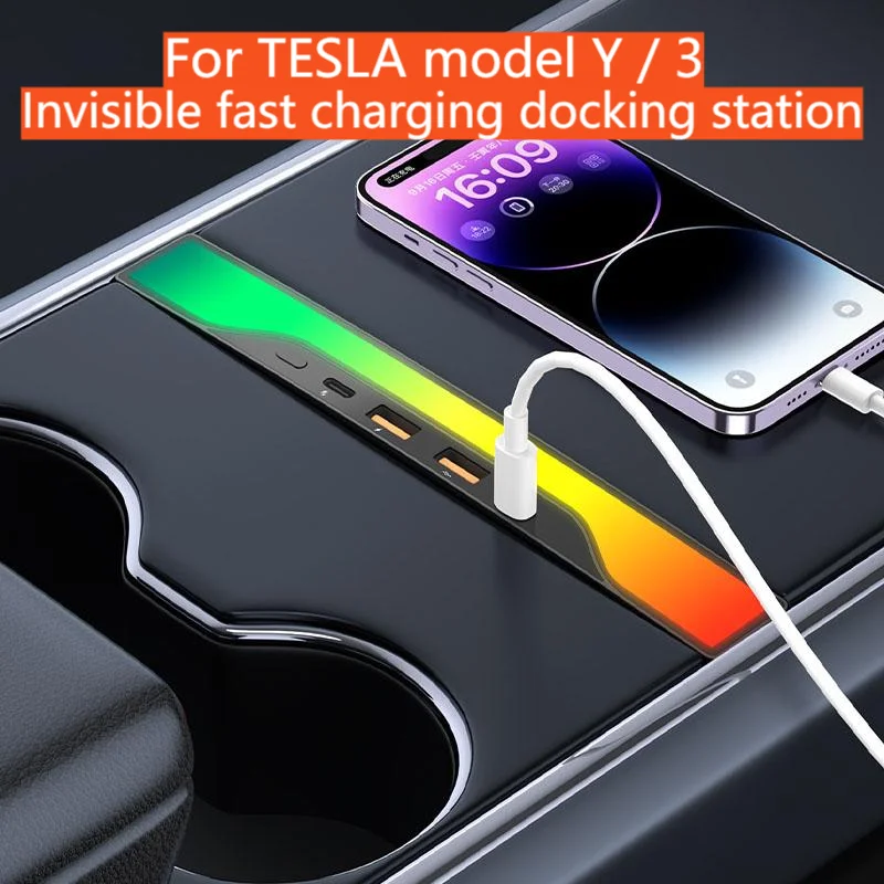

Для Tesla Model Y/Model 3 USB + концентратор типа C, многопортовый USB-концентратор, атмосферное освещение, док-станция для центральной консоли, зарядный концентратор