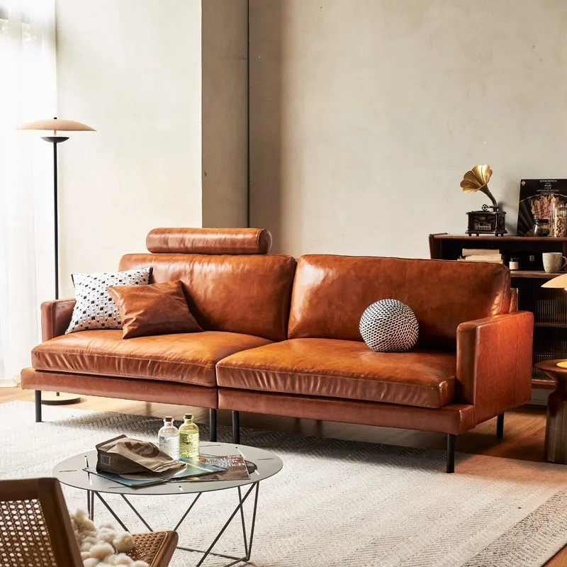 

Retro oil wax leather sofa first layer cowhide small apartment living room three people Nordic modern simple leather sofa