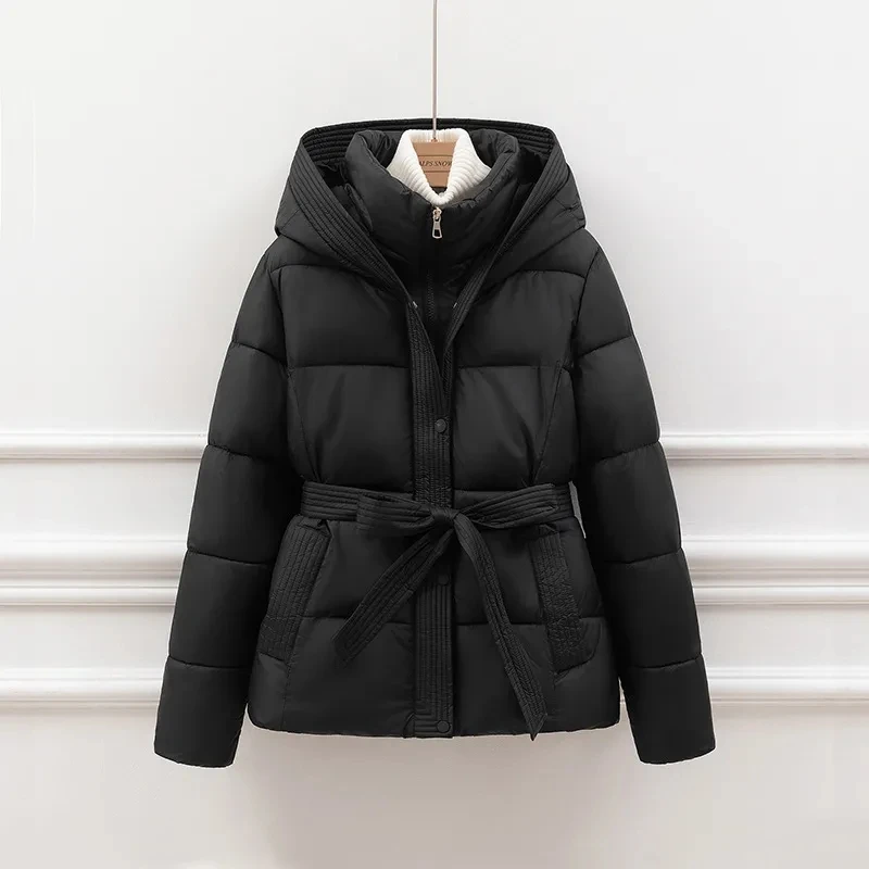 Jaket katun bulu angsa kelas atas untuk wanita Musim Dingin 2025 Fashion Slim Tebal Berkerudung Mantel Roti Wanita Hangat Parka Overcoat Dengan ikat pinggang