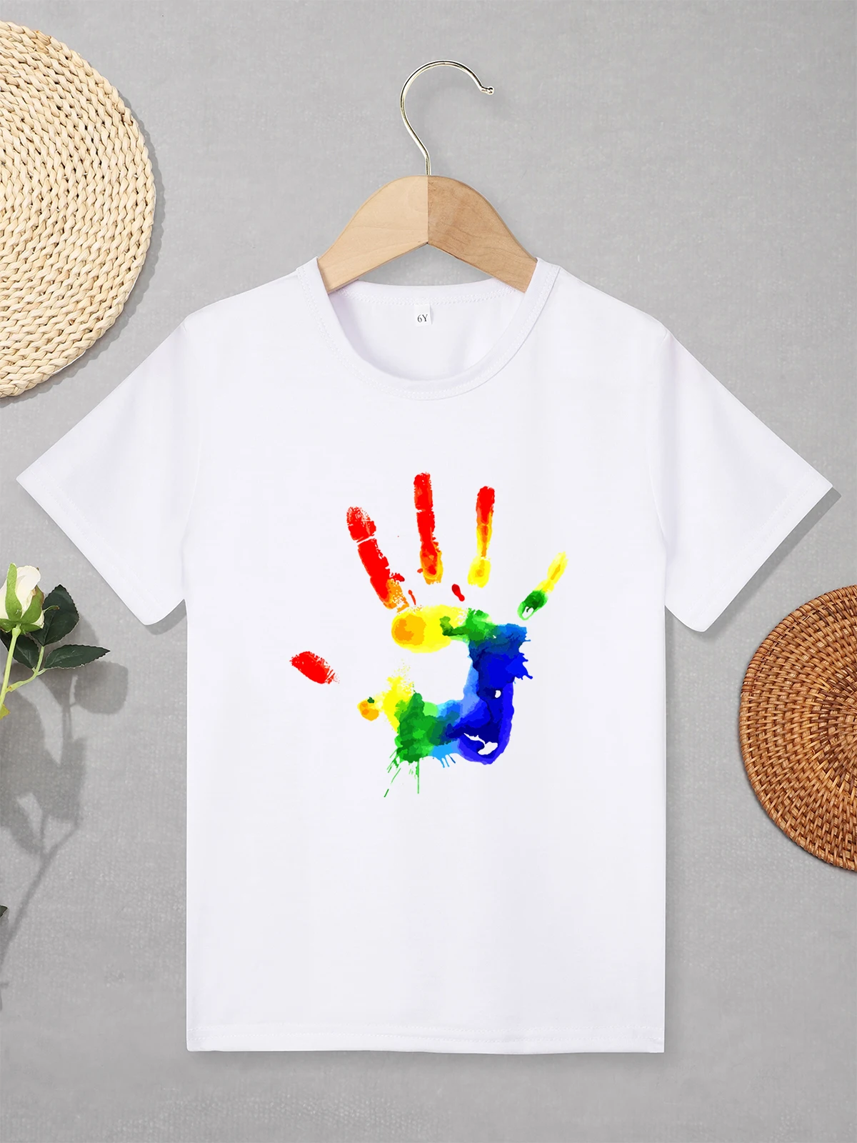 

Colorful Handprints Children's T-shirt Fashion Trend Summer Casual Boys Girls Clothes Loose Cozy Outdoor Play Versatile Tops Tee