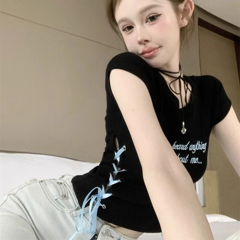 

New Summer Sweet All Match Girl O Neck T Shirts Personality Side Cross Lace Up Constrast Color Clothes Y2k Harajuku Niche Tops