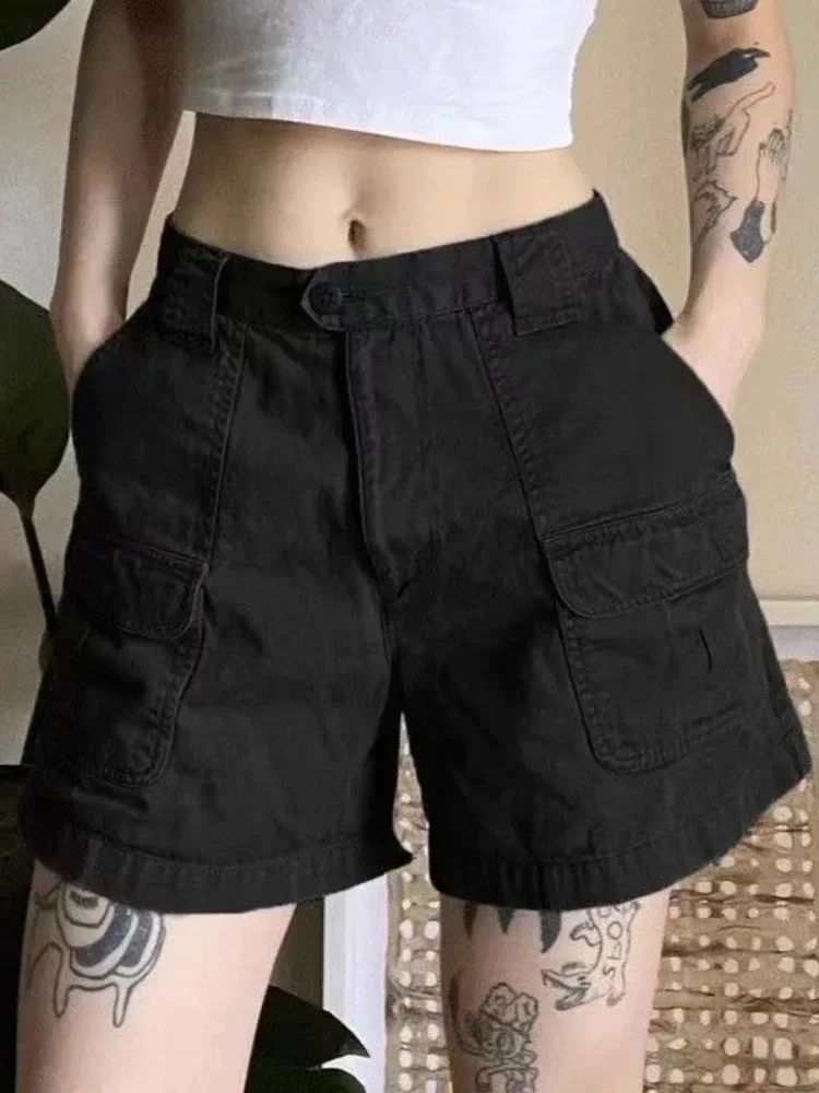 HOUZHOU Y2k Vintage Streetwear Cargo Denim Shorts donna American Retro Harajuku Solid Jeans larghi tasca Casual 2024 Summer Chic