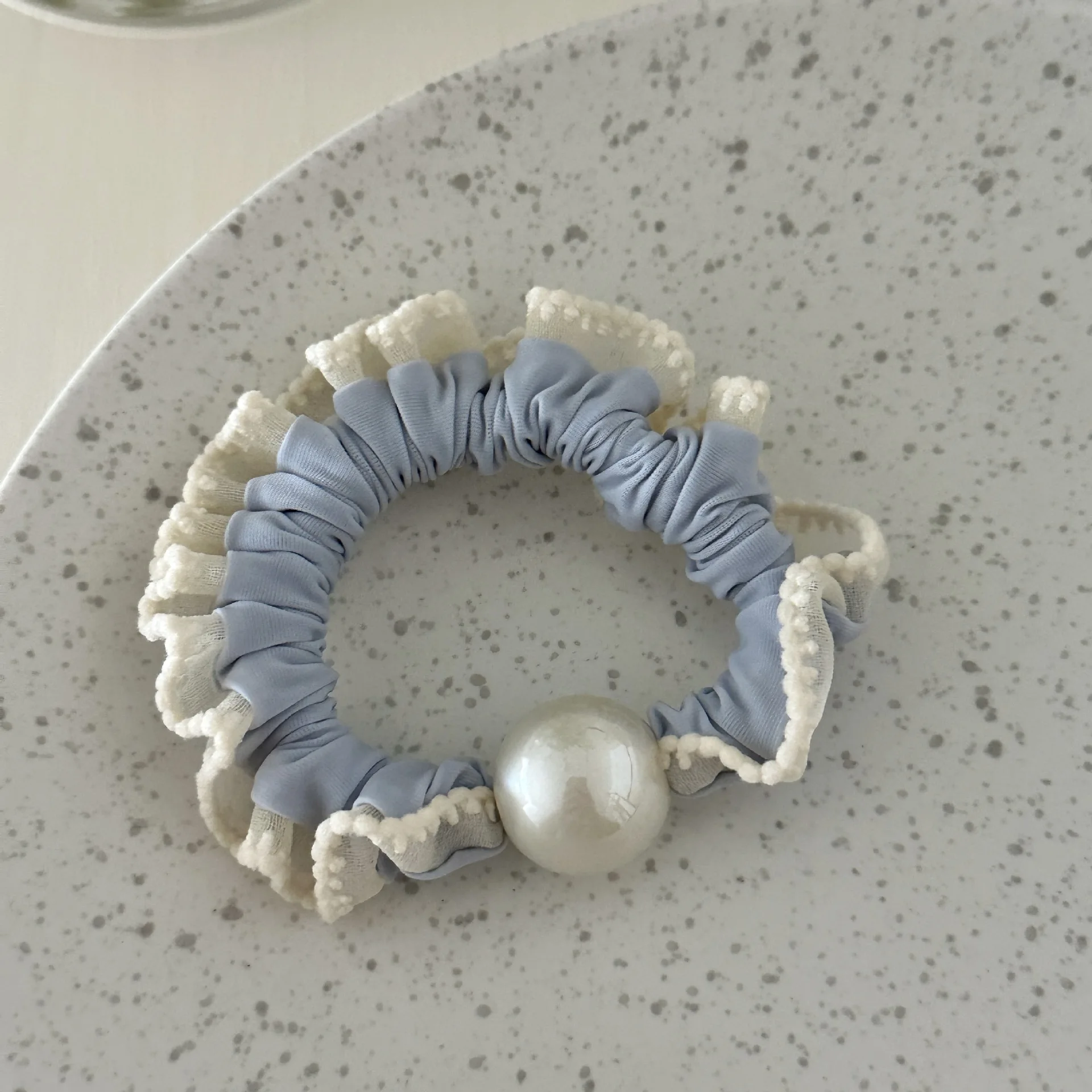 Fashion Hair Band 1PCS Blue Soft Pearl Lace Trim Beaded Thin Elastic Gentle for Women Girls