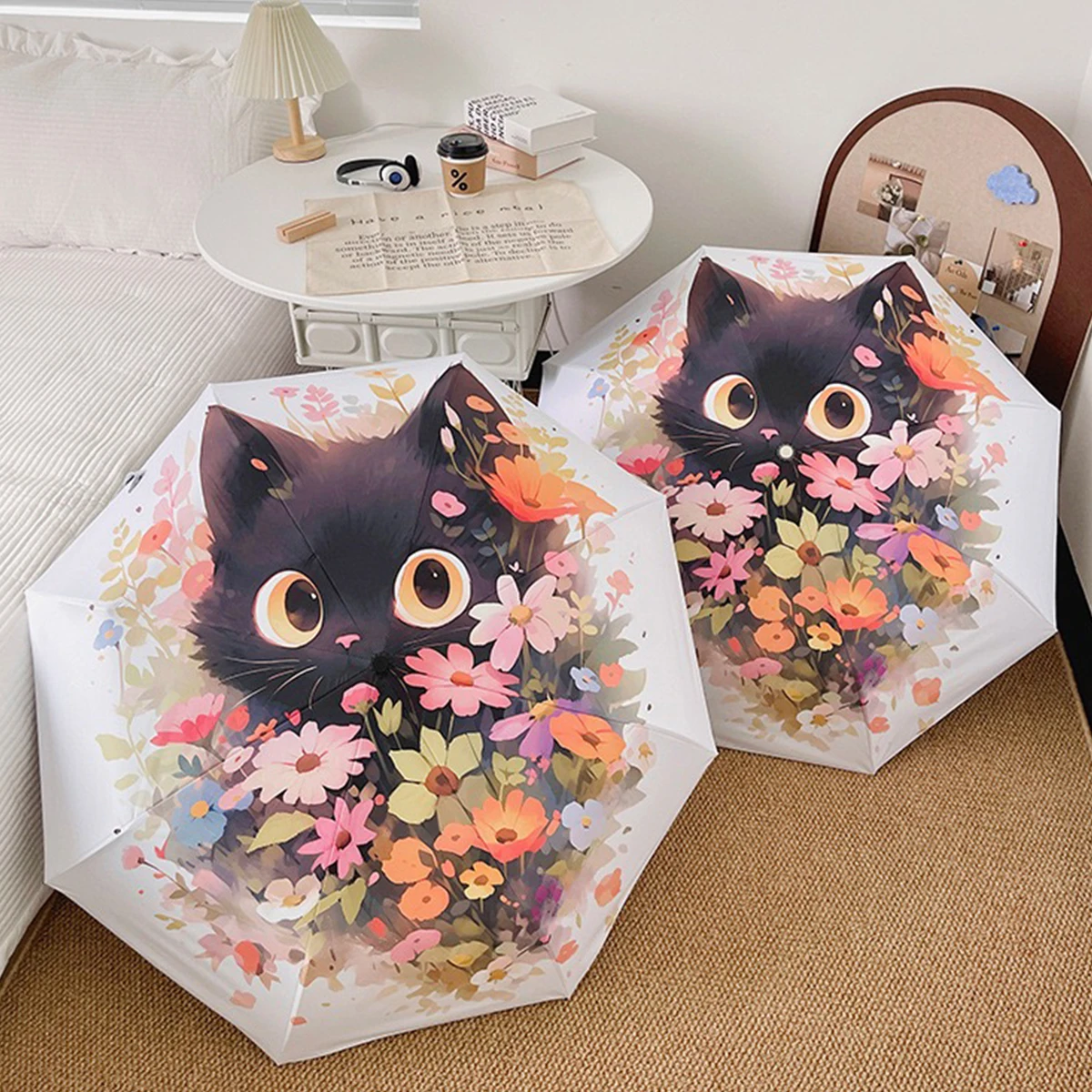 Cute Cat Cartoon 50 fold Folding Umbrella Sunscreen Thread Female Sun Umbrella for both Rain and Sun