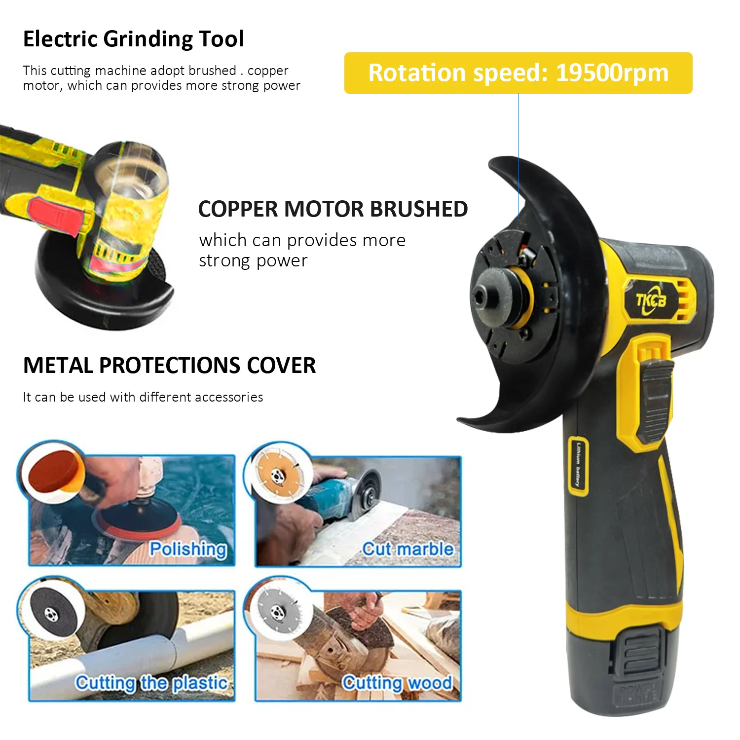 TKCB-Mini Brushed Cordless Angle Grinder With 2pcs Batteries, 12v, 19500rpm, (Tile, Wood, Stone) Cutting And Polishing