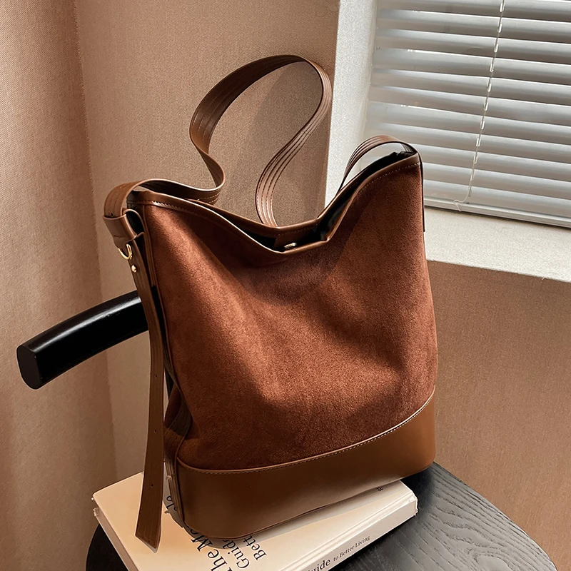 Retro Suede Leather Large Capacity Bucket Bag Women Popular Pu Patchwork Shoulder Pack Casual Female Crossbody Bags