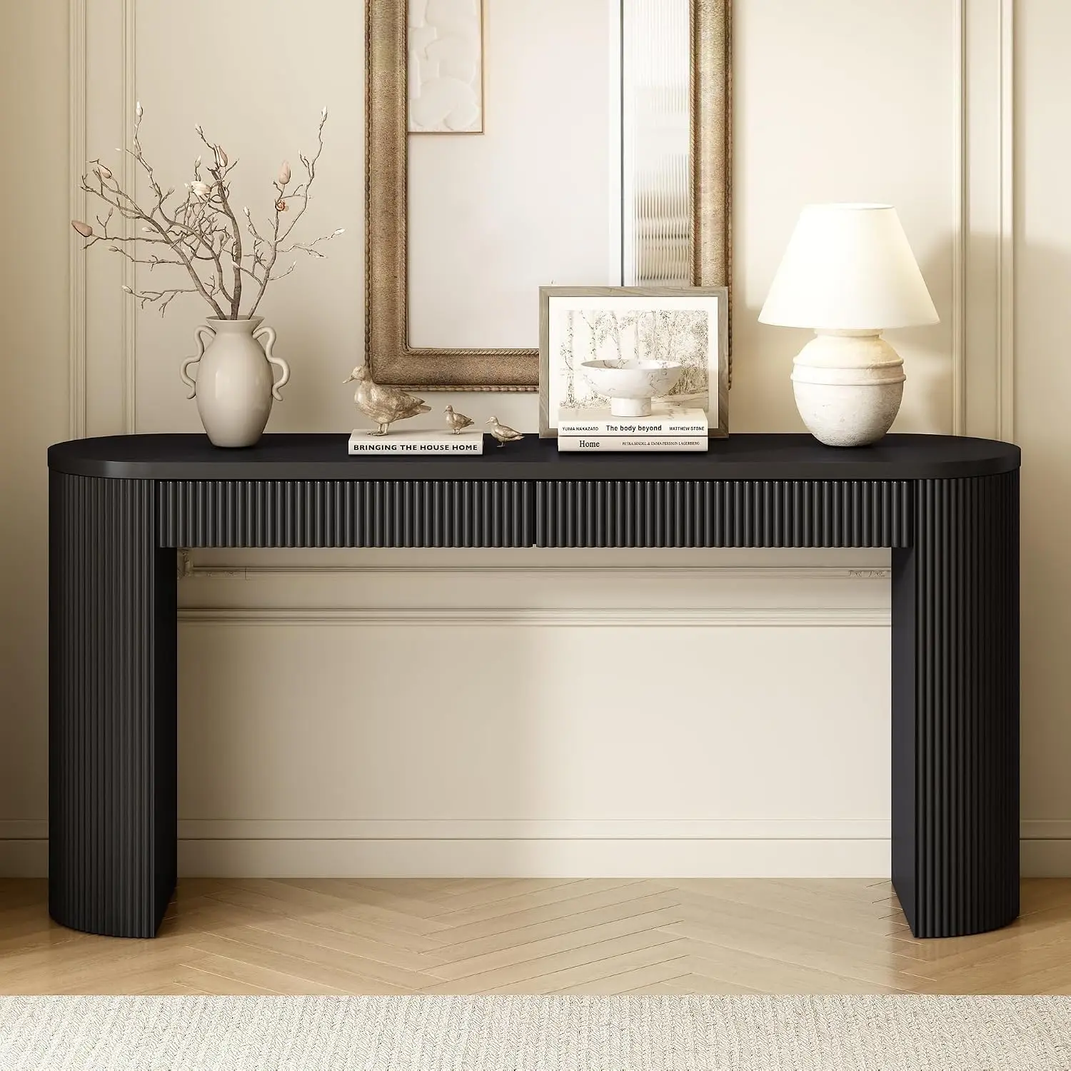 Pine Veneer Console Table Vertical Striped Entryway Hallway Living Room Bedroom Dining Room Black, Customized