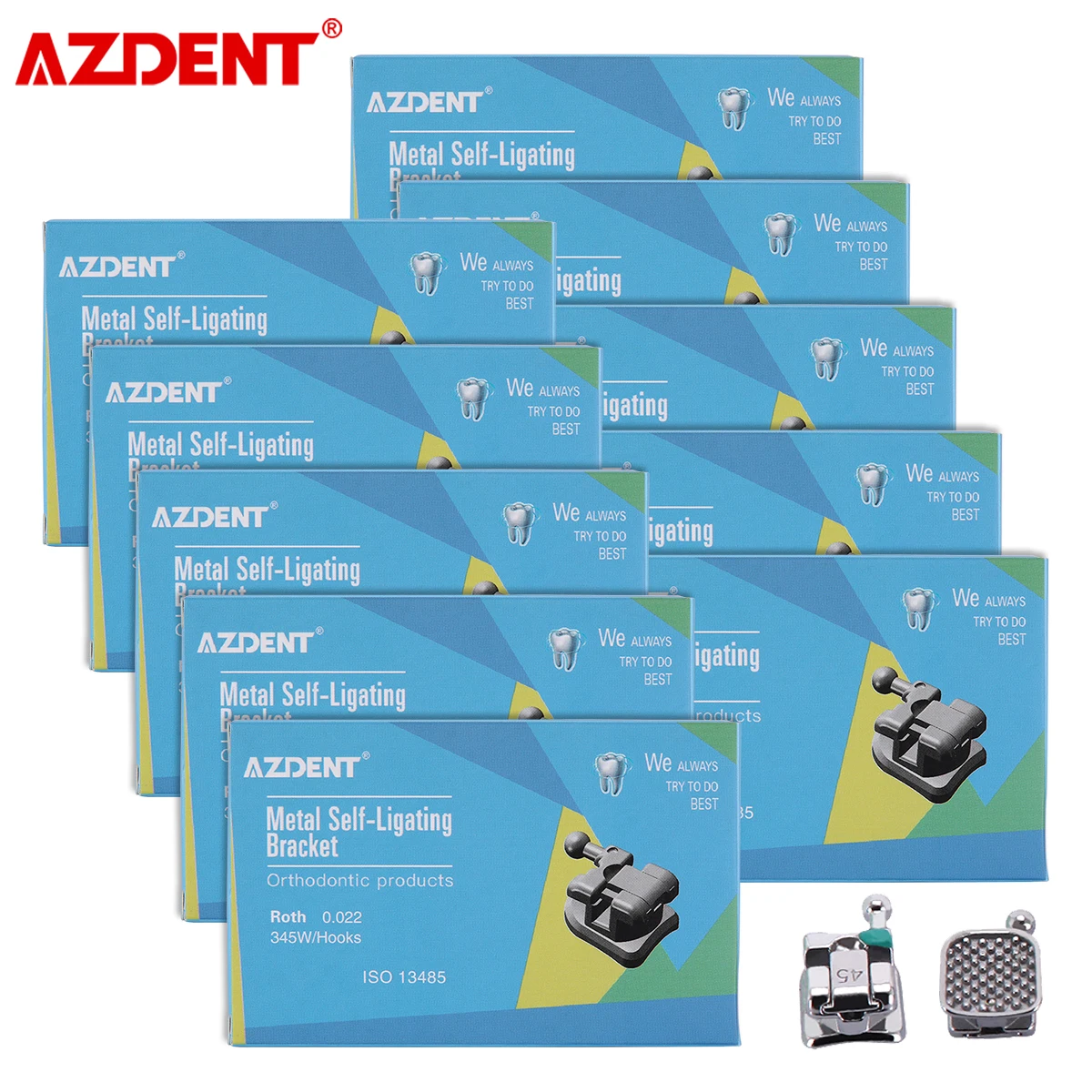 AZDENT 10 Boxes Dental Bracket Orthodontic Braces Passive Self Ligating Roth 0.022 Hooks 345 with Buccal Tubes