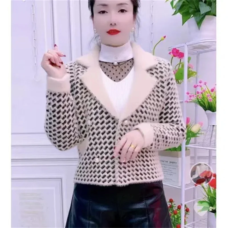 Imitation Mink Fleece Knitted Sweater Coat Cardigan Spring Autumn Winter Jackets Top Small Fragrant Fashion Short Plaid Jacket