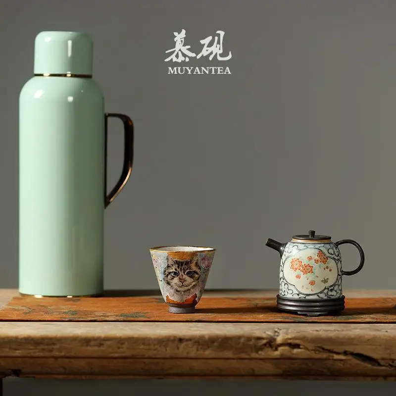 Mu Yan Japanese-Style Hand-Painted Cat Wood-Fired Clay, Shino Master Cup, Creative Handmade Rustic Ceramic Tea Cup
