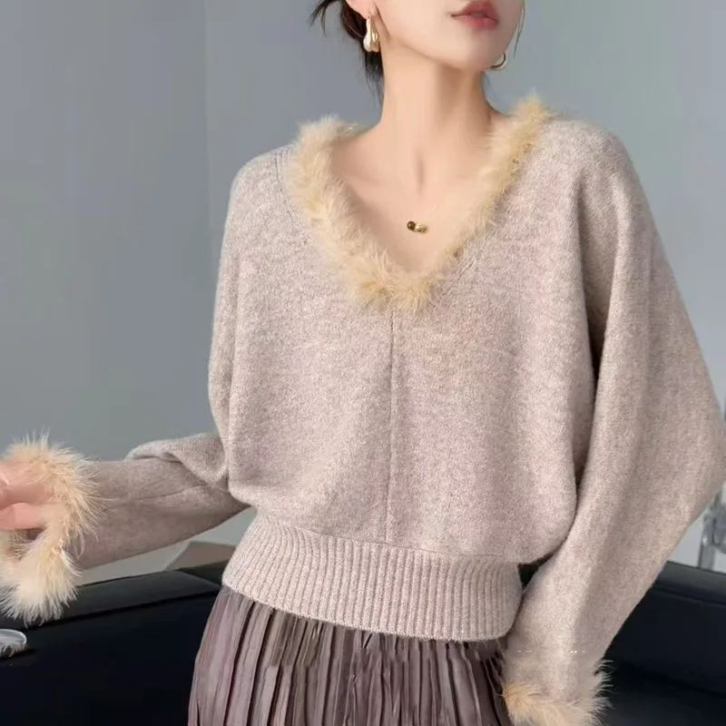 الخريف الشتاء سترة برقبة على شكل v للنساء الربط حافة شعر تصميم عصري جديد قصير نمط الراقية محبوك بلون علوي #4