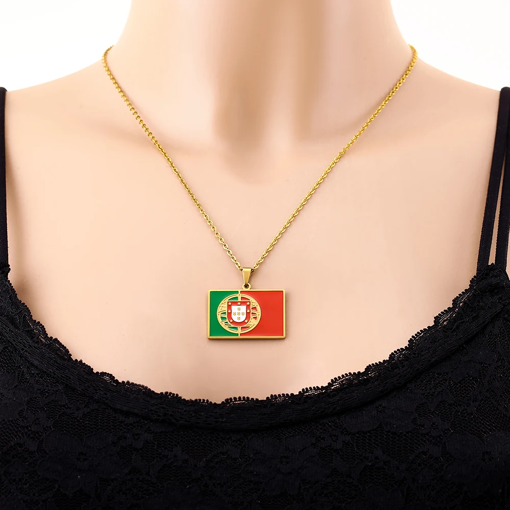 New Trendy Portugal Flag Pendant Necklace Stainless Steel Enamel Anti-Scratch Unisex Fashion Jewelry Accessory view 2