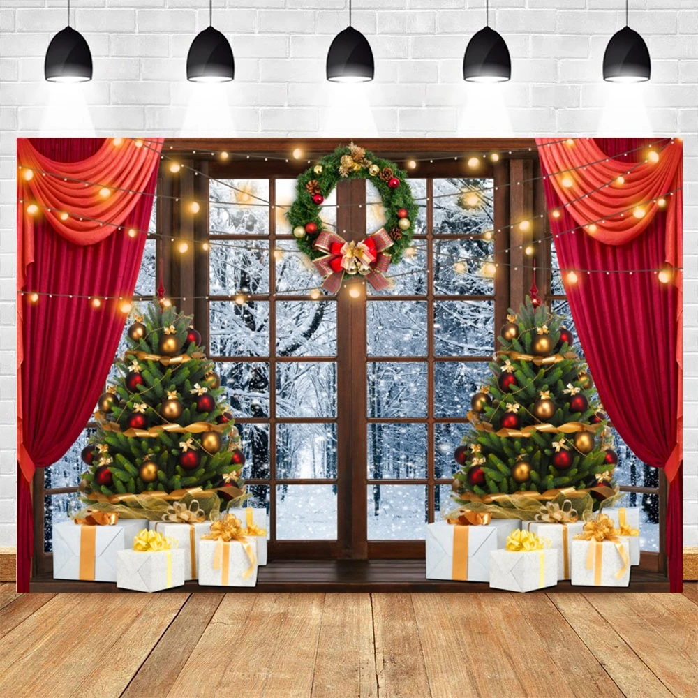 Winter Landscape Window Backdrop Snow Scenery Tree Photography Background for Kids Family Christmas New Year Party Photo Studio