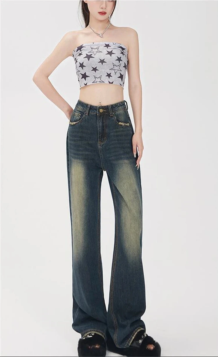 

new spring autumn cotton streetwear brand tall female women girls do old high waist wide leg jeans