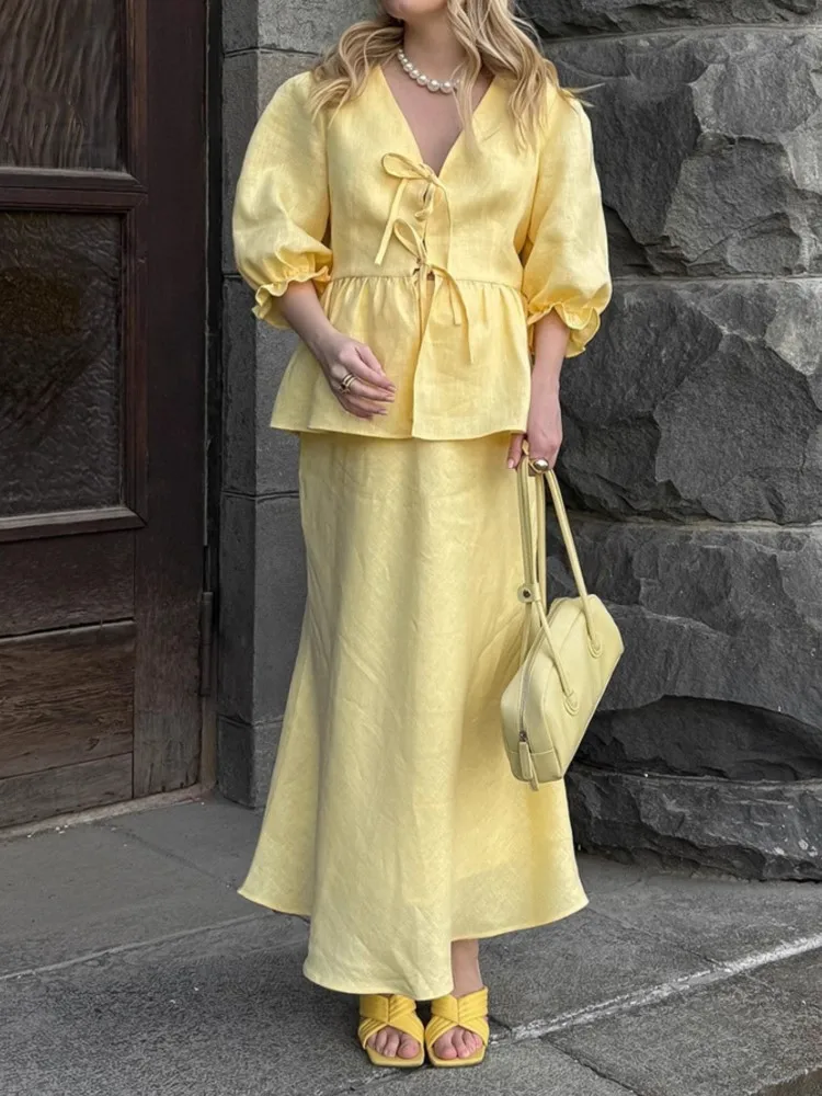 

Женский комплект с юбкой и высокой талией, длинная юбка, женский костюм с v-образным вырезом, пышными рукавами, длинная юбка трапециевидной формы, комплекты из 2 предметов, 2025, летний женский наряд