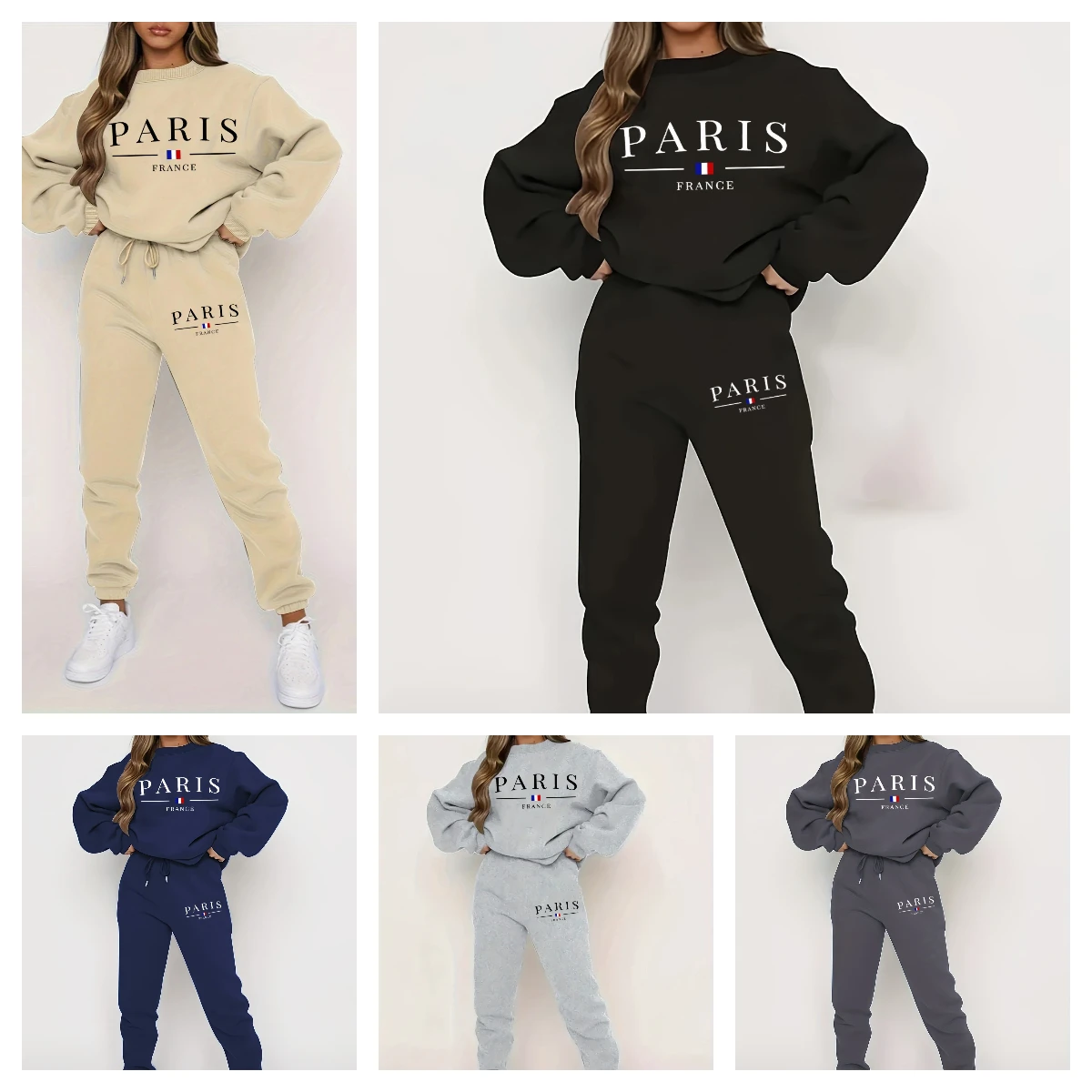 Chándal para mujer, sudadera y pantalones con estampado francés, ropa de calle de otoño e invierno, conjunto informal cálido, conjuntos acogedores a juego de Hip Hop