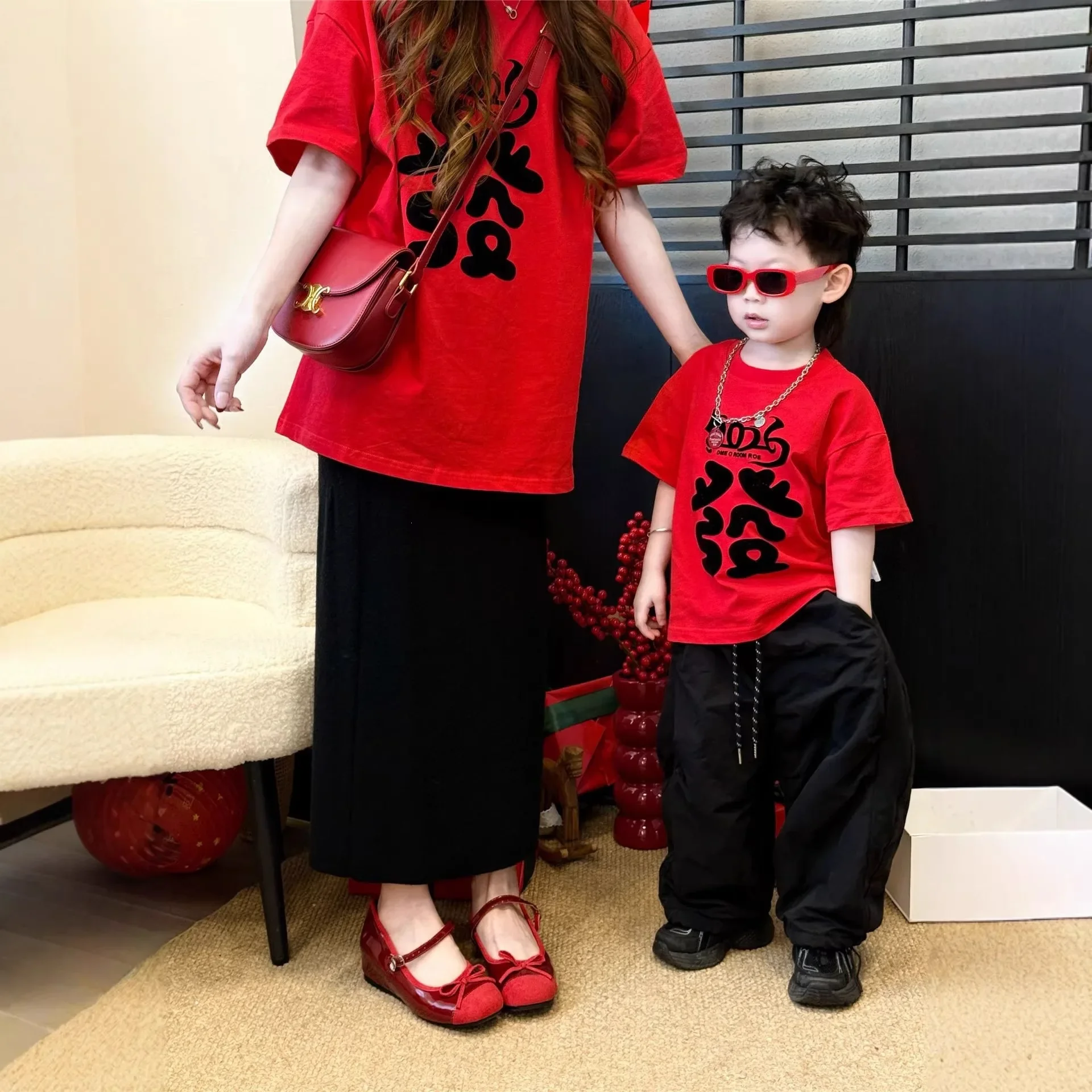 2026 Chinese New Year Family Matching Outfits Red T-Shirts Mommy and Me Tees Dad & Baby Lucky Print Tops for Spring Festival