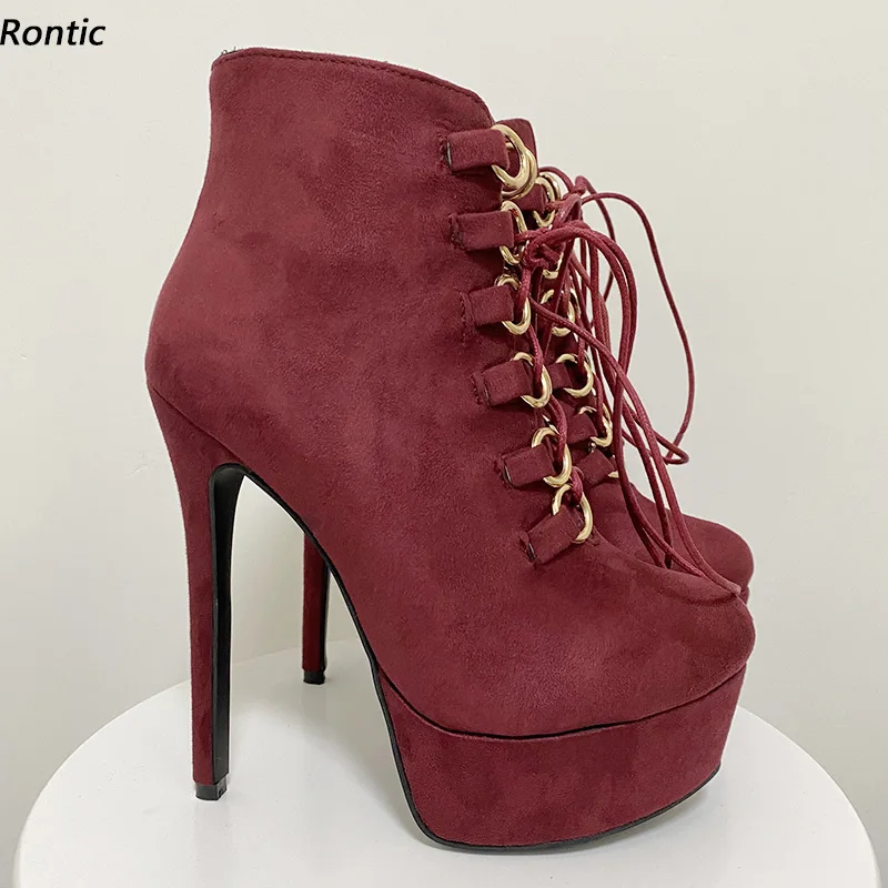 

Rontic/женские зимние ботильоны на платформе из искусственной замши, унисекс, боковая молния, туфли на шпильке с круглым носком, бордовые клубные туфли, размер США 5-20