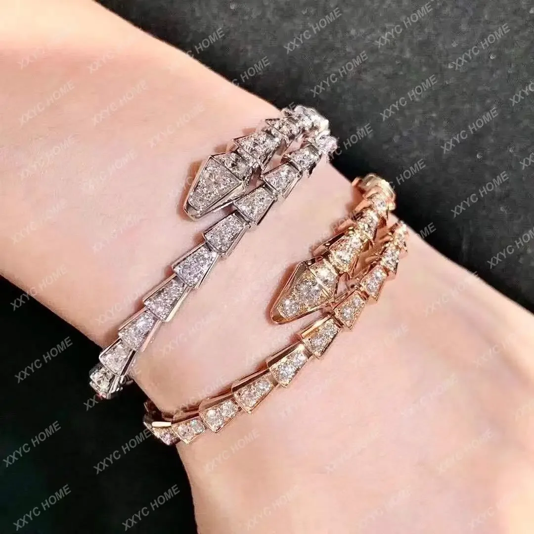 

sterling silver plated with 18K rose gold full diamond snake bone multi-circle snake head opening bracelet with diamonds, simple