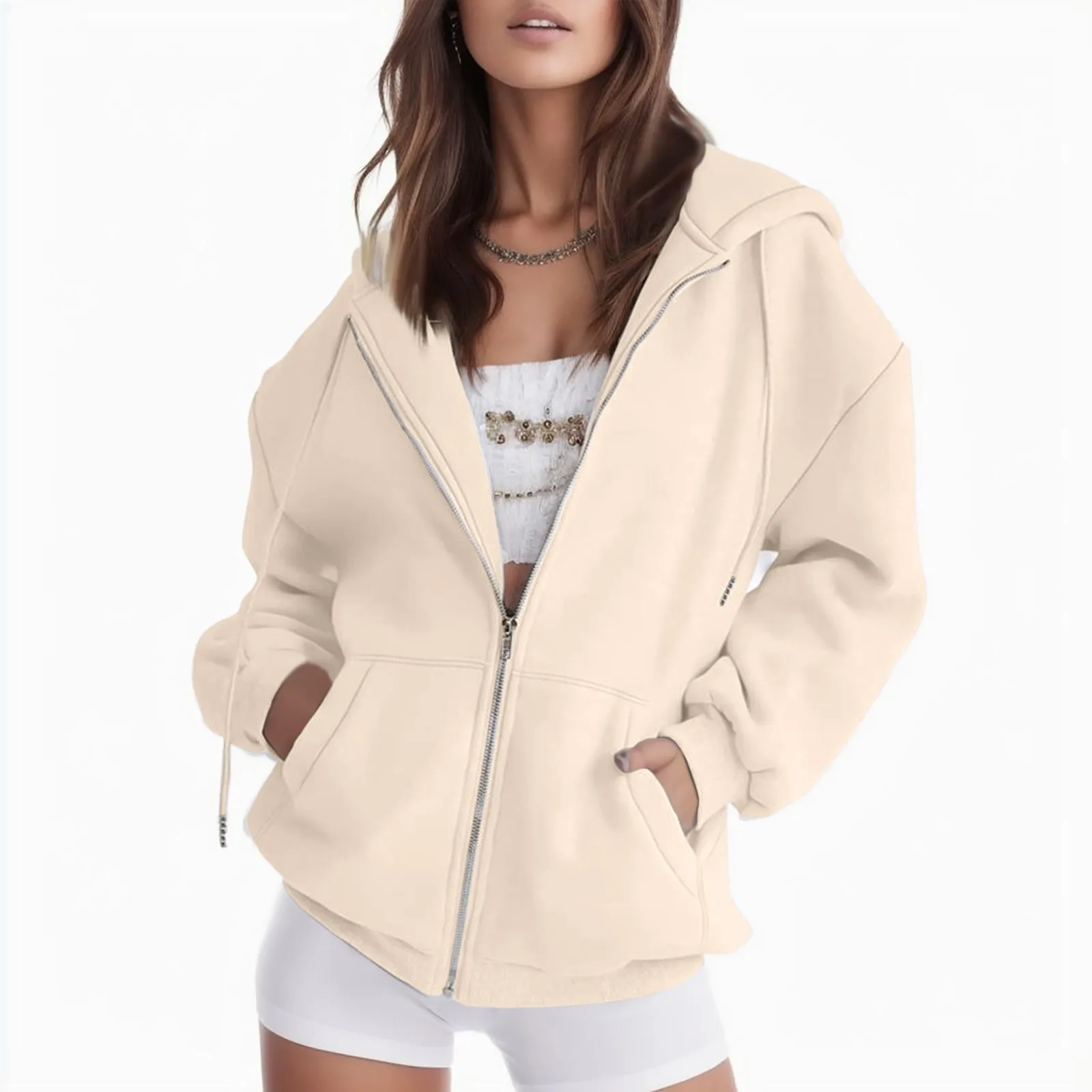 Veste à capuche zippée pour femme, cardigan à manches longues, poche Wstring, sweat-shirt coréen, vêtements de sport décontractés, document solide, proximité, Y2K