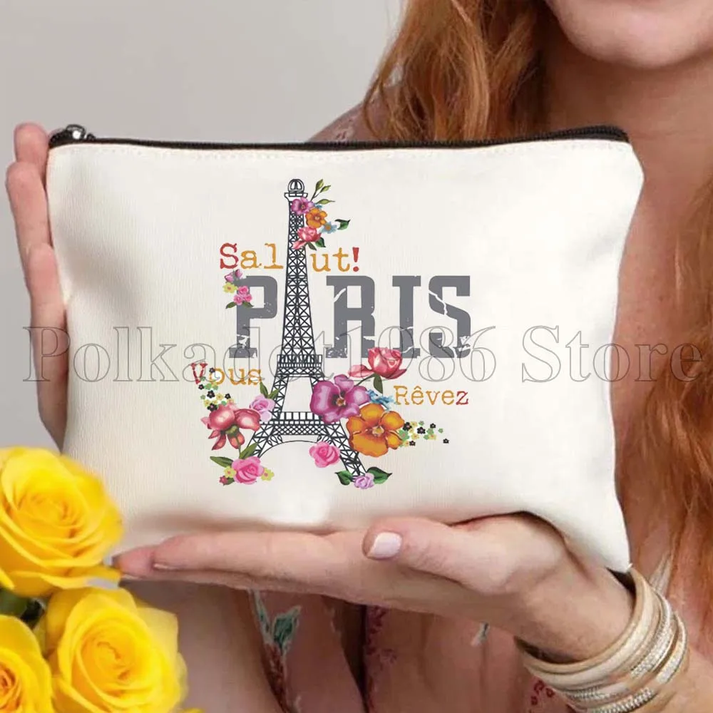 الأزهار Ici Cest باريس برج ايفل القلب فرنسا الهدايا حقيبة قماش قنب السفر حقيبة مستحضرات التجميل المرأة حقيبة مستحضرات تجميل حقيبة تخزين الموضة