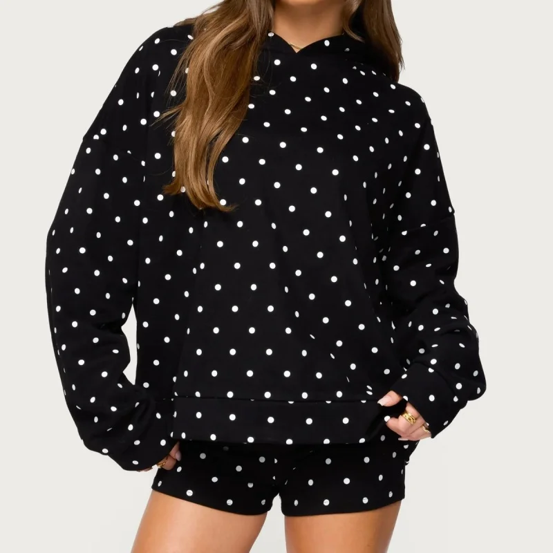 2-teiliges Workout-Set für Damen, Teenager, Mädchen, Y2k, gepunktetes Sweatshirt, Kapuzenpullover, Pullover, Outfit, Lounge-Shorts, Trainingsanzüge