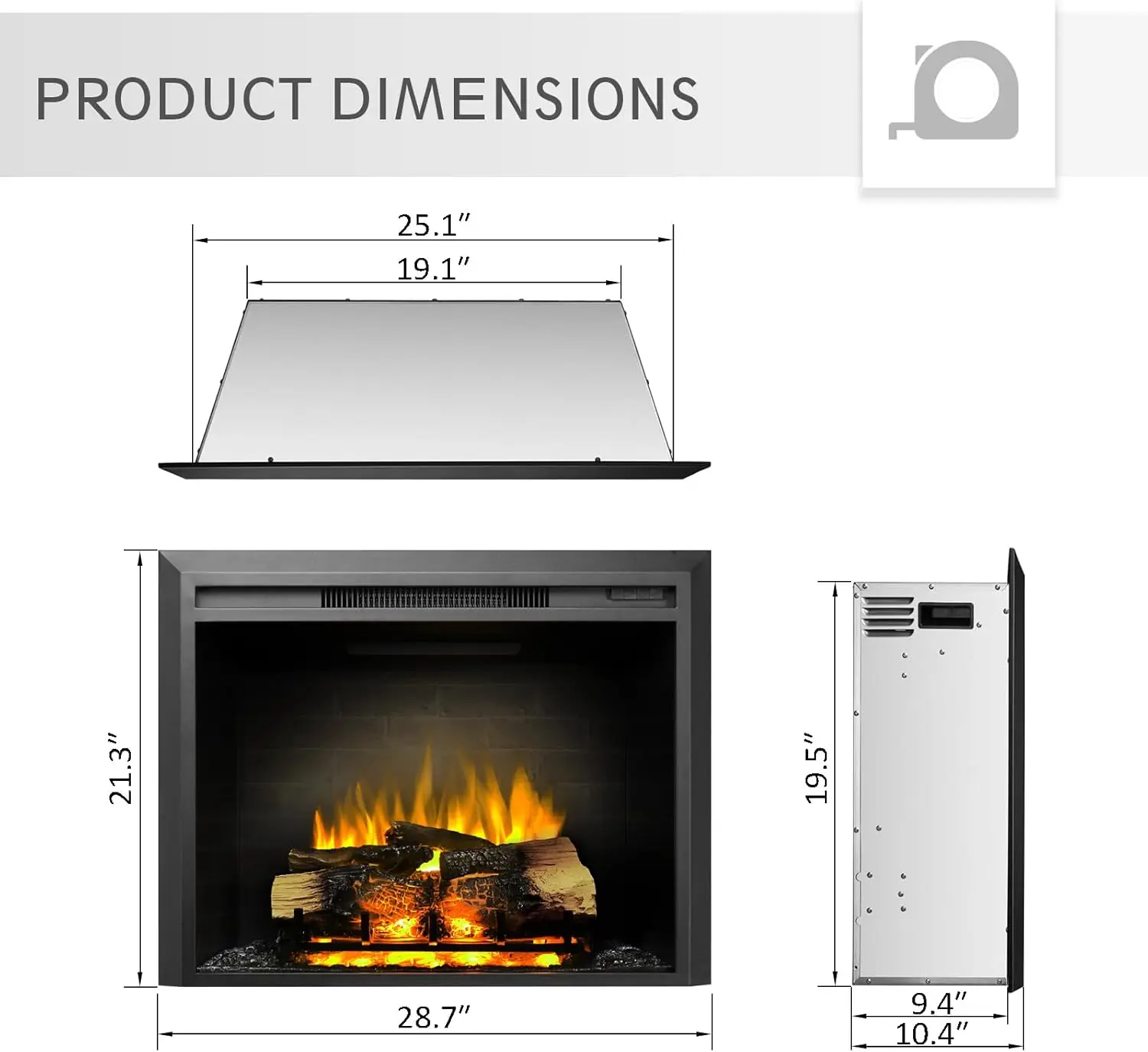 Inserção para lareira elétrica de 28 "W (EF262), aquecedor de lareira 750/1500W, som de crepitação de fogo, controle remoto