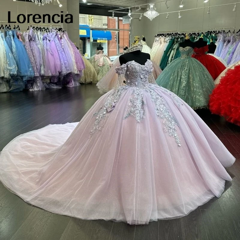 

Lorencia Purple Quinceanera Dress Ball Gown Silver Lace Applique Beading Mexican Corset Sweet 16 Gown Vestidos De 15 Años YQD765