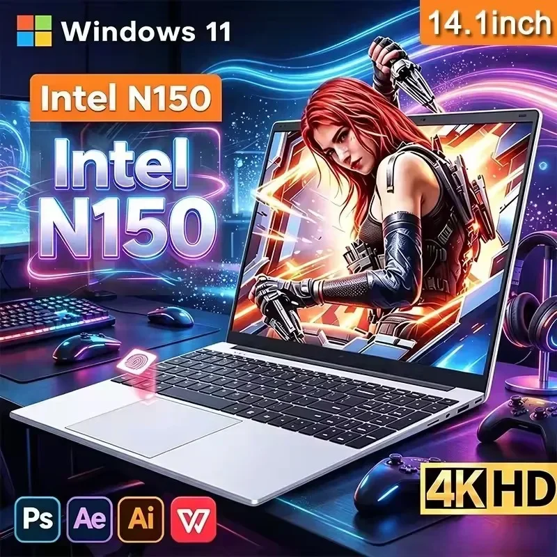 Intel Core N150 14.1 Inch Laptop 32GB 2TB M.2 SSD Gaming Notebook Office Windows11 Portable