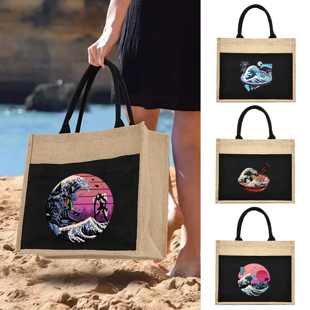 

Сумка для покупок из хлопка и льна, серия Wave Printing, модные практичные портативные повседневные сумки высокого качества для женщин и мужчин