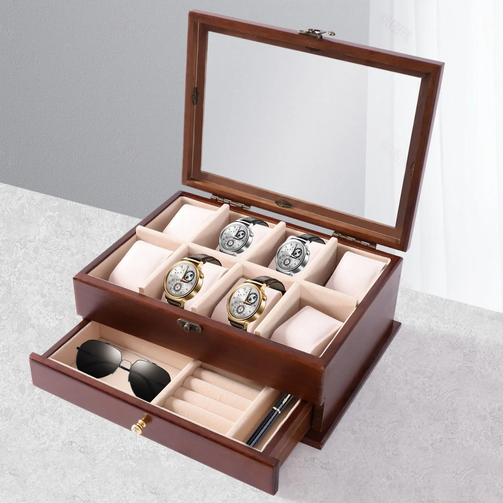 US 8/12 Grids Wooden Watch Display Case Jewelry Collection Storage Holder Box Storage Organizer Case Holder