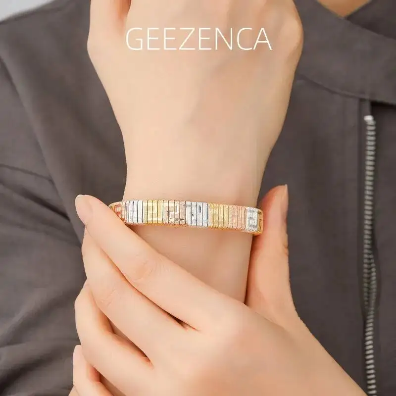 GEEZENCA Italy Jewelry 925 Silver Tri-color Plated 10mm Sparkling Hinged Bangle Women Luxury Dainty Cuff Bracelets Love Gift Her