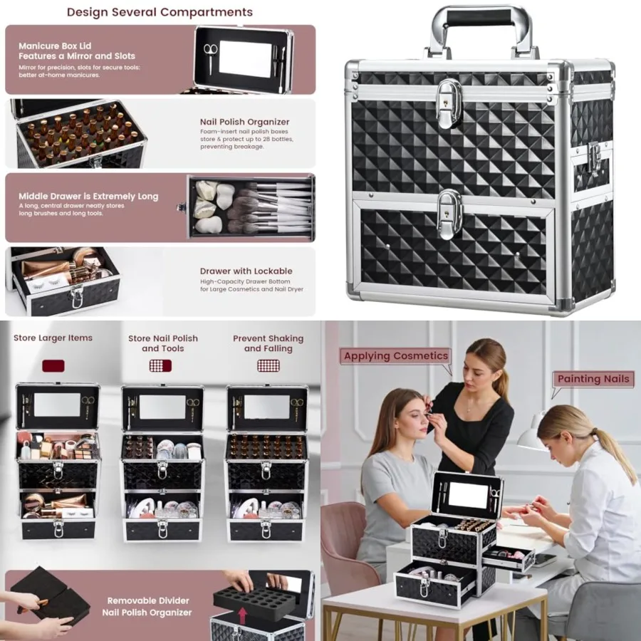 

Nail Polish Makeup Train Case with Drawer and Dividers Manicure Organizer Accessory Storage Makeup Box With Mirror Lockable Keys Nail Kit Organizer Cosmetic Case Jewelry Box - Black