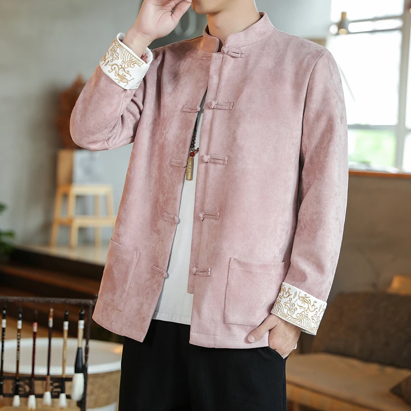 Chinese Style Autumn Winter Jackets for Men Suede Velvet Embroidered Vintage Tang Suit Coat Chinese Hanfu Traditional Clothing