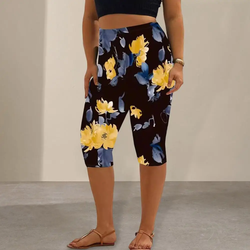 Casual Cropped Pants Stylish Women's Elastic Waist Cropped Pants High Waist Digital Flower Print Trousers Lightweight