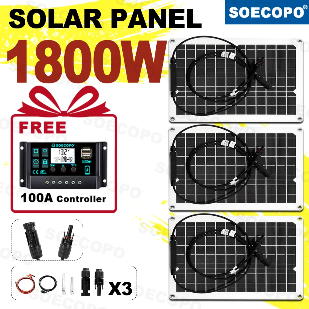 SOECOPO 1800 W Camping-Solarpanel-Set – 3 x 600 W-Panels, kostenloser 100-A-Controller, USB 5 V, ideal für Campingausrüstung und Outdoor-Reisen