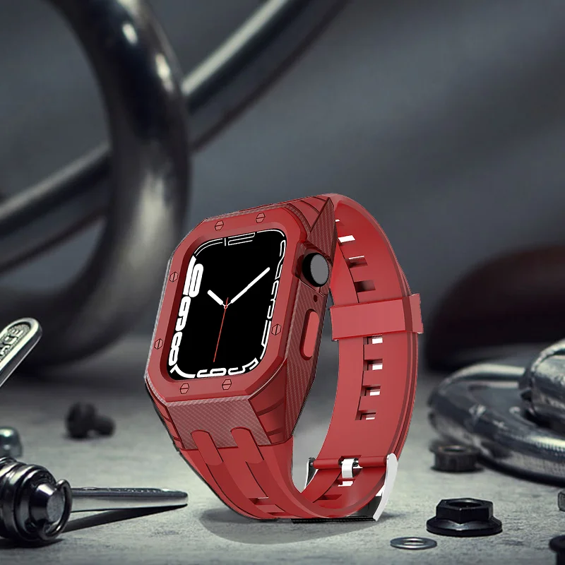 Mod Kit Carbon Fiber Pattern AP Style Case for Apple Watch Band 8 7 45mm 6 5 4 Silicone Strap Watchband PC Cover Rubber Bracelet