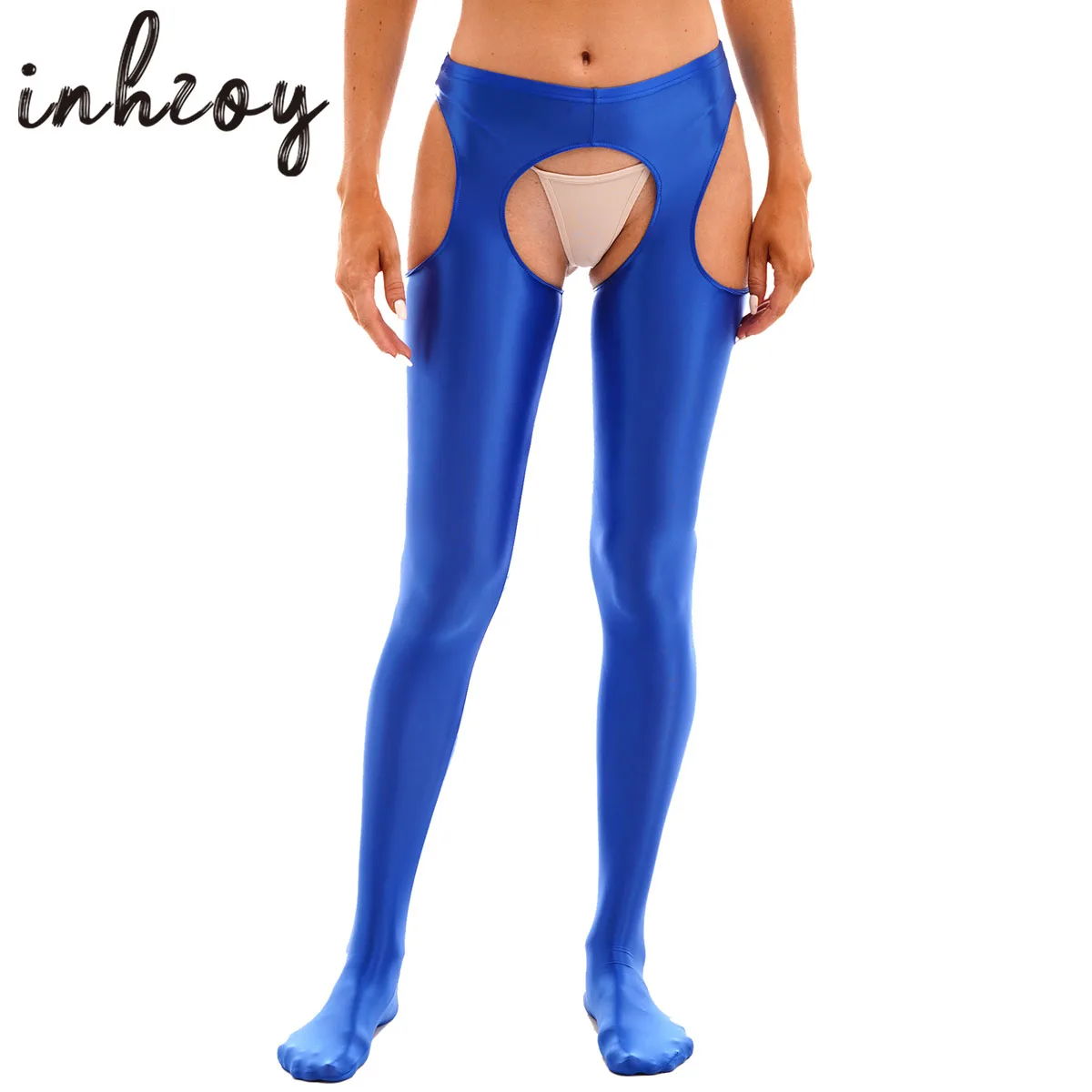 Womens Glossy Crotchless Pantyhose High Waist Oil Shiny Tight Leggings Stretchy Stockings Sexy Open Crotch Pants Nightwear