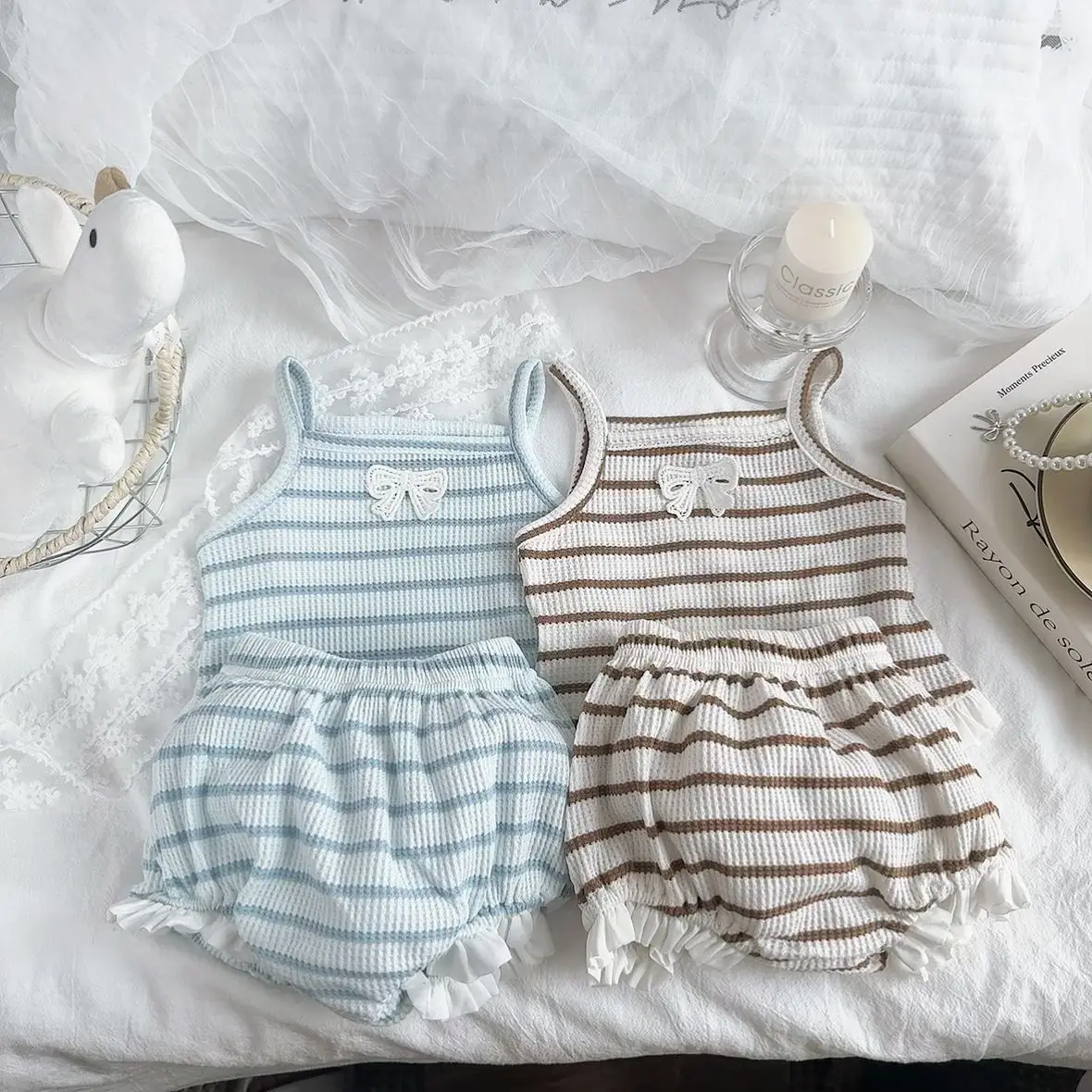 

2025 Summer New Baby Sleeveless Clothes Set Girls Cute Striped Bow Sling Vest + Shorts 2pcs Suit Infant Toddler Cotton Outfits