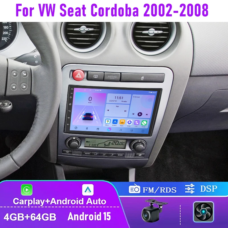 

7" 4+64GB For VW Seat Cordoba 2002-2008 Car Radio Carplay Android 15 Auto Stereo Rear Camera FM 2DIN GPS Navi Head Unit