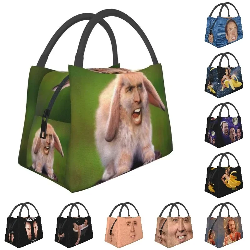 Nicolas Cage Rabbit Insulated Lunch Bag for Women Leakproof Funny Meme Cooler Thermal Bento Box Beach Camping Travel