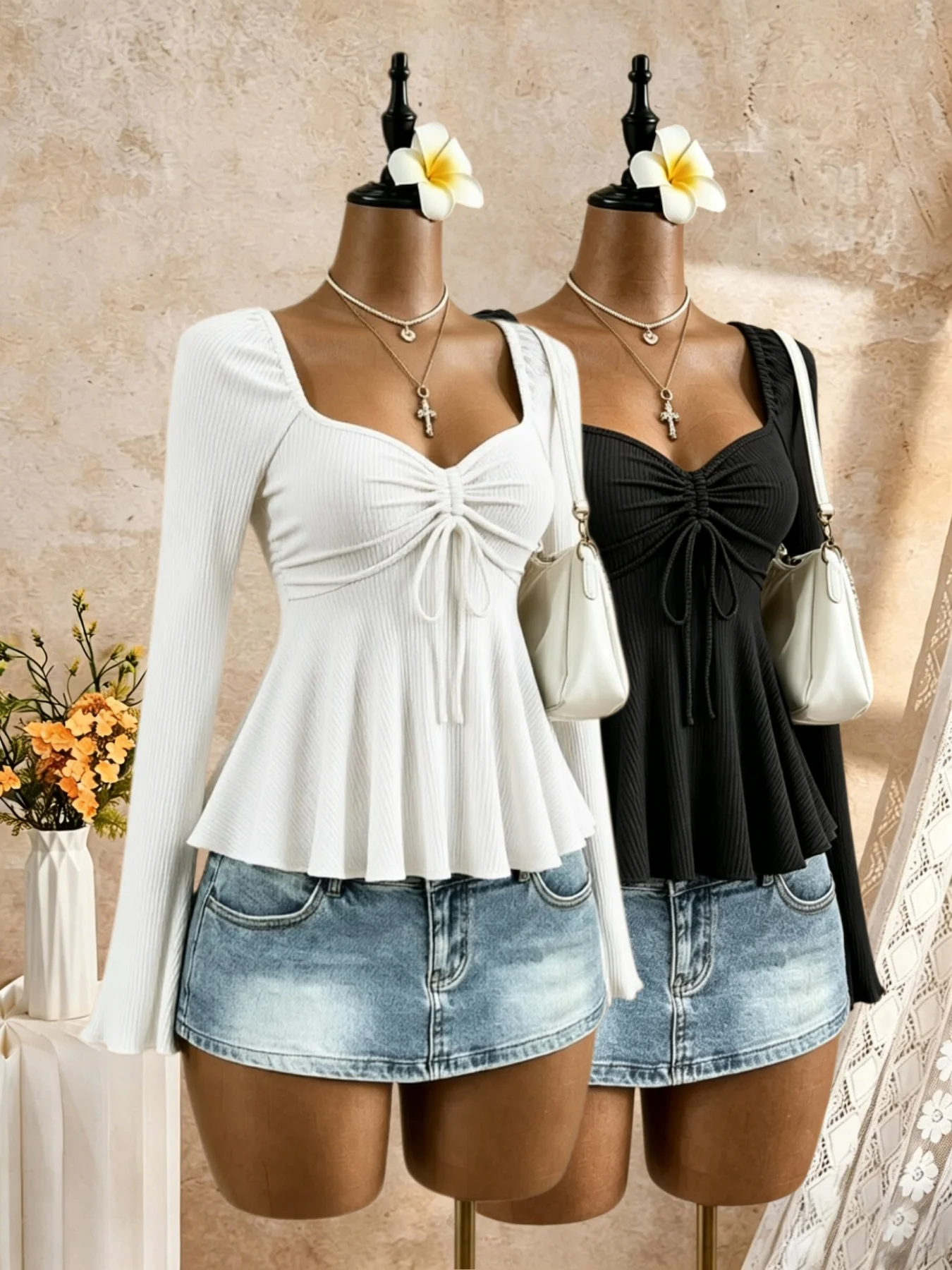 2 Pack Square Neck Ruched Tie Front Ribbed Flare Long Sleeve Peplum Top Slim Fit Y2K Sexy Fairy Vacation Shirt