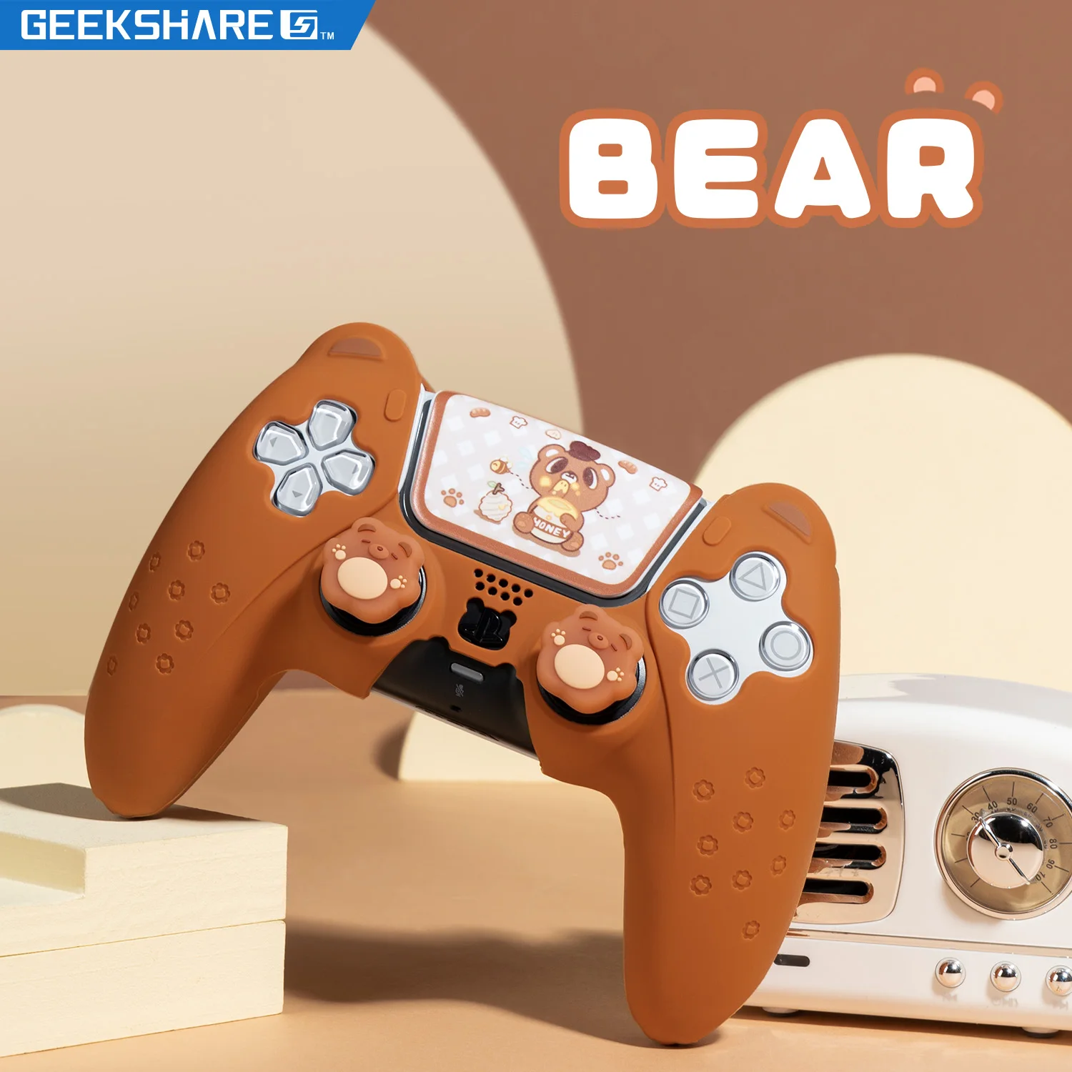 

Geekshare Bear PS5 Controller Skin Anti-Slip Silicone Protective Cover Case with 1 pair of Thumb Grips and Customized Sticker